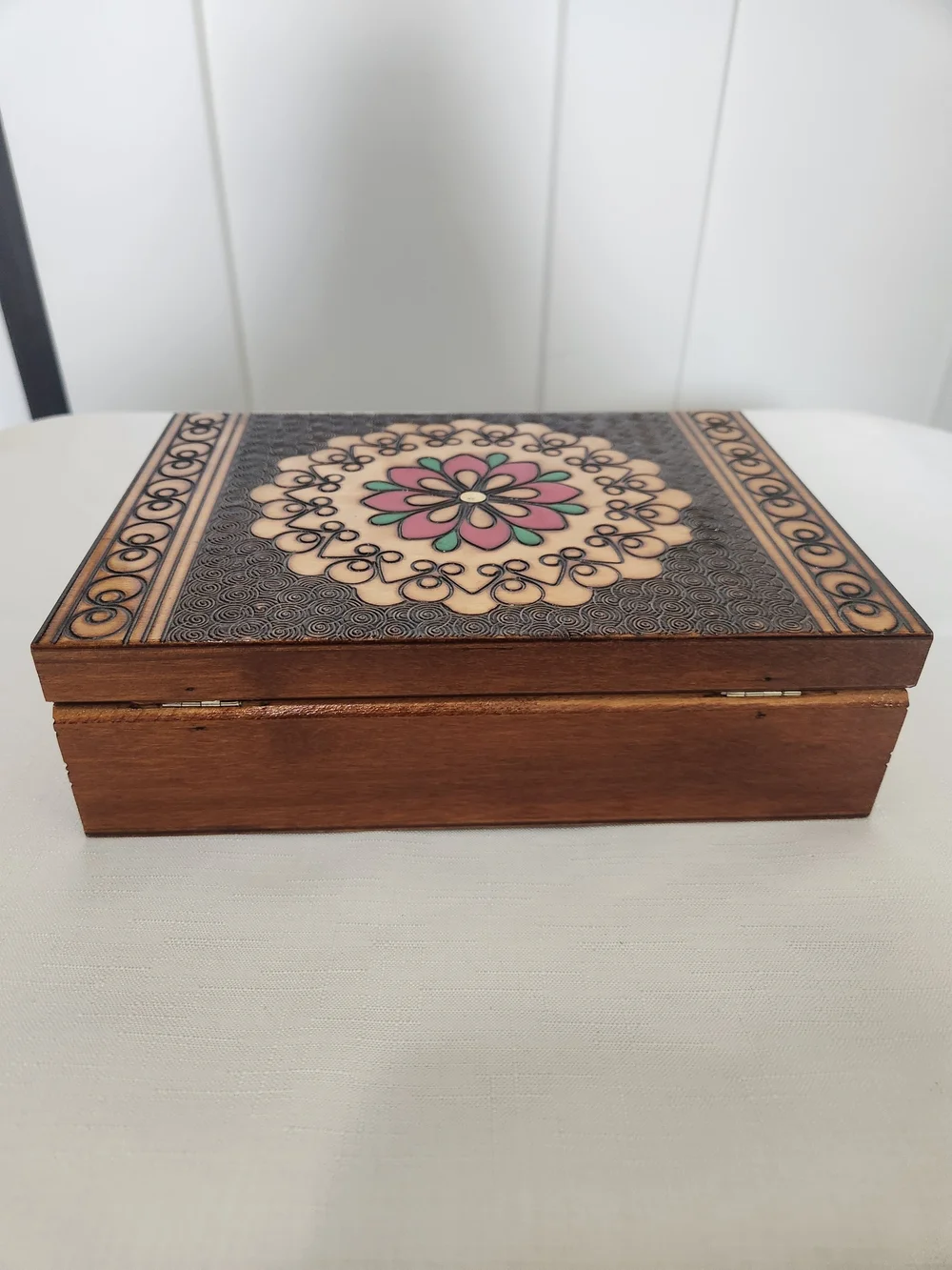 Handmade Polish Wood Inlay Nesting Boxes with Floral Mandela Motif
